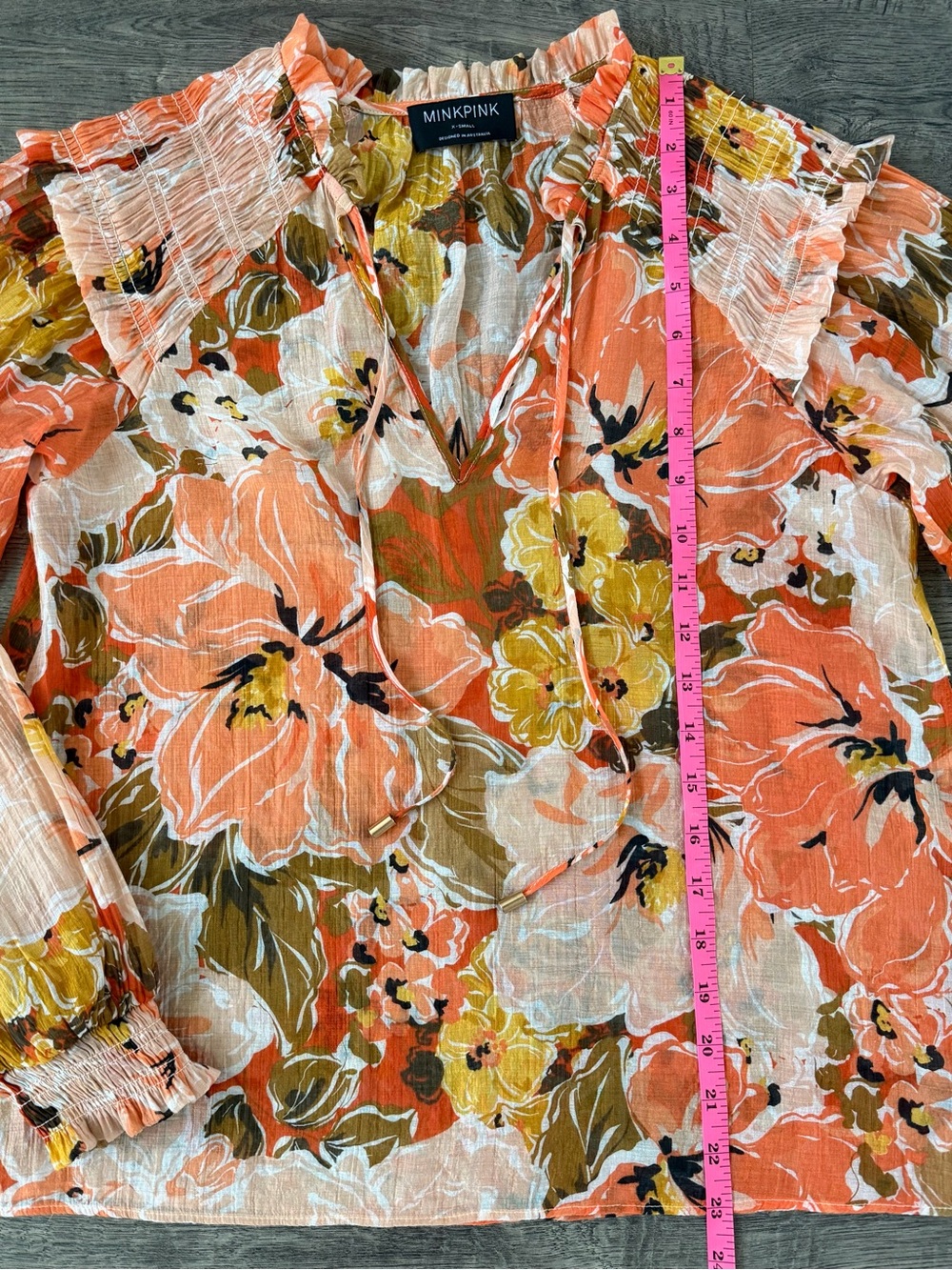 MINKPINK Dex Floral Blouse XS Coral Sheer Boho Long Sleeve Feminine - Picture 12 of 14
